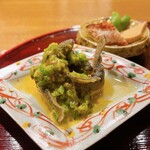 おかもと - 稚鮎に卵黄と万願寺唐辛子ソース