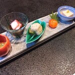 旅館 神仙 - 先附（胡麻豆ふ・鱧の煮こごり・卵黄の味噌漬け・里芋・もずく酢・ゴーヤ肉味噌和え）