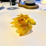 エスキス - ⚫︎陽だまり‥鮑、花ズッキーニ、ひまわり
      貝のお出汁の中でゆっくり火を通した蝦夷鮑、カリカリに焼いたズッキーニのお花、ひまわりのお花のお浸し、ズッキーニとパルメザンチーズのペースト。隠し味に西洋ワサビ