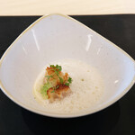 Simplicité - ランチコース 12100円 の帆立焼き 枝豆リゾット 貝の出汁のスープ 生姜の香り