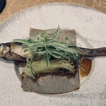 ハウスサンアントン - 鮎のコンフィ　きゅうりとブロッコリーのスプラウトに鹿醤ソース　ガレットに巻いて