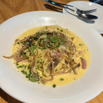 ラ・テラッツァ 芦ノ湖 - 最近はもち豚パスタ一択でしたので、久しぶりにたっぷりきのこと燻製ベーコンのフィトチーネ