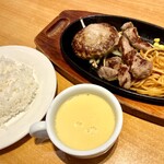 ステーキ宮 - 自家製ハンバーグ＆サーロイン切り落としステーキランチ、コーンスープ
