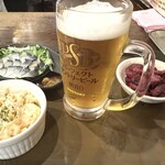 ちょいのみてい - コハダの刺身，ポテトサラダ，しば漬け，生ビールで 1,350円