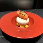 VinIX - 生モッツァレラと季節のフルーツ。この日はマンゴーとトマトのシャーベット。トマトのシャーベットがさっぱりしていて夏に嬉しい。