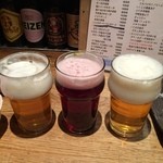 燻製と地ビール 和知 - 左 はんなりIPA
            中 箕面ビール カベルネ
            右 Sanktgallen さくらエール
            
            この季節特筆は右‼︎
            桜餅の香りに苦味しっかりの本格派の味わいが良く合う