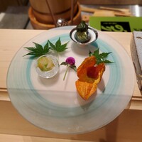 鮨四 -華- - 前菜 ～ 茶筅茄子、マスカットのおろし和え、鬼灯トマト