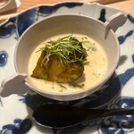 虎白 - 蒸し鮑　肝和え　白瓜　生胡麻のお出汁