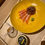 虎白 - 琵琶ます　お造り　秘伝のジュレ　蒸し雲丹　オシェトラキャビア