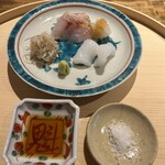 温石 - 赤むつとアオリイカのお造り