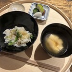 温石 - 鱧と甘唐辛子ご飯、味噌汁、香物