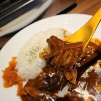 個室焼肉 夢幻邸 - 和牛ハヤシライス(税込1,200円)
                具材は黒毛和牛&玉葱、デミグラスソースぽいルー、濃厚な味わい、でも私には刺さらず
                金色のスプーンがちょっと微妙かな