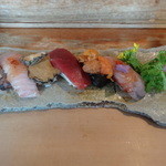 鮨 笹元 - 鯵、ヒラマサ、鮑、鮪赤身、ホウボウ