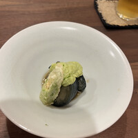 道下 - 茄子のオランダ煮　上にはずんだ餡とオクラの天ぷら