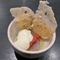 レストラン　ノリ　エ　ノジ - マゴチのマリネ、ウイキョウのパンナコッタ、トマトソルベのフレッシュチーズのエスプーマ