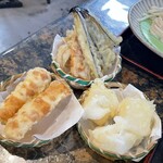製麺練場 風布うどん - 上（天ぷら盛り）　右（あげ餅）　左（サービスのちくわ天２人分）