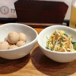 やきとり 正や - うずら醤油漬け、もやしナムル