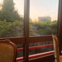 メインダイニングルーム 三笠 - 席からの景観。修理中の五重塔が見えます。