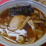 高社楼 - ワンタンははっきり言って量多し！ ラーメンより腹膨れるかも？？ ネギ、のり、チャーシュー１枚と結構な内容。これで４００円？？