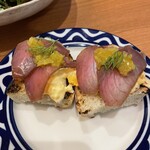 GENTILE  - メジマグロ、タルタル、発酵福耳唐辛子のピンチョス