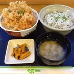 Michi No Eki Fuji Gawa Rakuza - ミニ桜えびのかき揚げ丼と、ミニ釜揚げしらす丼の「ミニ丼セット」950円。
                        桜えびのかき揚げがめっちゃ美味しい〜ヾ(*´ω`*)ﾉ