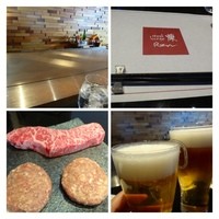 煉 今泉店 - まずは「ビール」を。 
                コースの「ステーキ」と「ハンバーグ」です。 