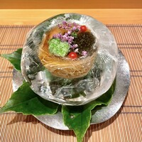 御料理 まつ山 - ①キャビア素麺（浮羽）山芋、薩摩甘エビ、おくら