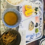 涸沢ヒュッテ - 鯖塩焼き、卵ウィンナー、半ハム、きんぴら、お漬物、味噌汁ごはん