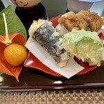 御料理 ひさまつ - 八寸 鬼灯南瓜 太刀魚磯辺揚げ アボカド天ぷら 鱧寿司