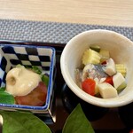 御料理 ひさまつ - 八寸 ブロッコリー 憶良 トマトの落花生醤油かけ 鰯と夏野菜のオイル煮