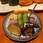 銀座 しのはら - 玉子真薯、小芋の味噌田楽、サツマイモ、枝豆、バイガイ、大徳寺麩
