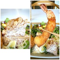 TRATTORIA KIKUYA - ◆海老フライは冷凍ではなく、手作りで美味しい。 ◆から揚げも下味が浸みていて、いいお味でした。