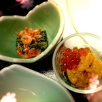旅館玉子湯 - かたくりの花、桜海老胡麻醤油、雲丹いくら