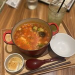 茶鍋cafe saryo - ・玄米緑茶(Cold)
・サーモンとブロッコリーのトマトチーズ茶鍋(ごはん)
・トッピング 焼きもち