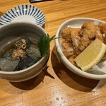 みの勝はなれ - ナスの揚げ浸しと甘エビの唐揚げ