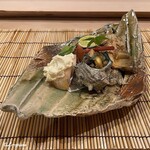 御料理 寺沢 - 栄螺の壷焼､白桃の白和え､烏賊飯､夏豆､風干した鮎