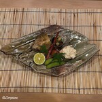 御料理 寺沢 - 夏豆､烏賊飯､白桃の白和え､栄螺の壷焼､風干しされた鮎に薑に酢橘