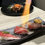 めしや因すけ - 「大判道産和牛 ブリスケの炙り肉寿司 4貫盛り」（2024.8/21） 2,099円