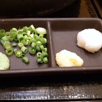 花山うどん - 青ねぎ・大根おろし・わさび・しょうがの薬味勢ぞろい