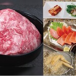 アメ村社員食堂 - 牛鉄（すき焼き）お試しコース：前菜3種・マグロ・塩手羽・牛鉄・〆のうどん　2人前より