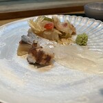 くずし割烹 樋ぐち - ヒガンフグと、関門たこと、鯖、かな？妻はお野菜サラダ