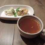 Jukusei Wagyuu Suteki Gurirudo Eijingu Bifu - ランチのデリ2種とスープ