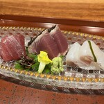 割烹 春 - お造り　ミナミマグロ、カツオたたき、スズキ昆布じめ