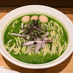 NIBOSHI MANIA - 冷やしアサリニラ煮干ソバ1100円＋うずら味玉100円