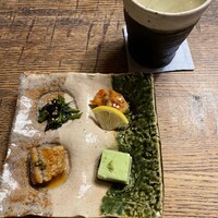 ごはんや 要兵衛 - 前菜(空芯菜炒め、鶏ハニーマスタード、枝豆豆腐、鱧有馬煮)
