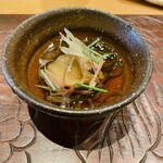 天ぷら たけうち - 石川の岩もずく、有明のクラゲ、北海道のたもぎ茸