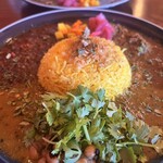 北摂スパイス研究所 - 3種あいがけ パクチートッピング ライス小盛り
