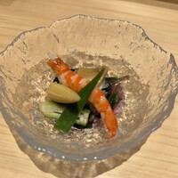 広島 鮨 まつもと - 煮アワビ  車海老  金時草