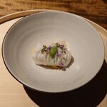 温石 - 梭子魚の茹であげに叩き葱､下に生食コリンキー南瓜