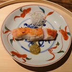 温石 - 金目鯛の鱗焼き､実山椒醤油と塩